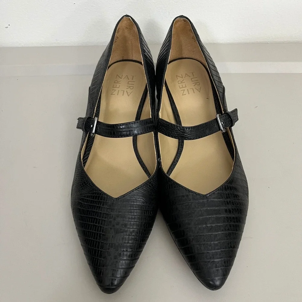 Naturalizer Florencia Mary Jane Pointed Toe Pumps 7.5M Faux Lizard Block Heel
